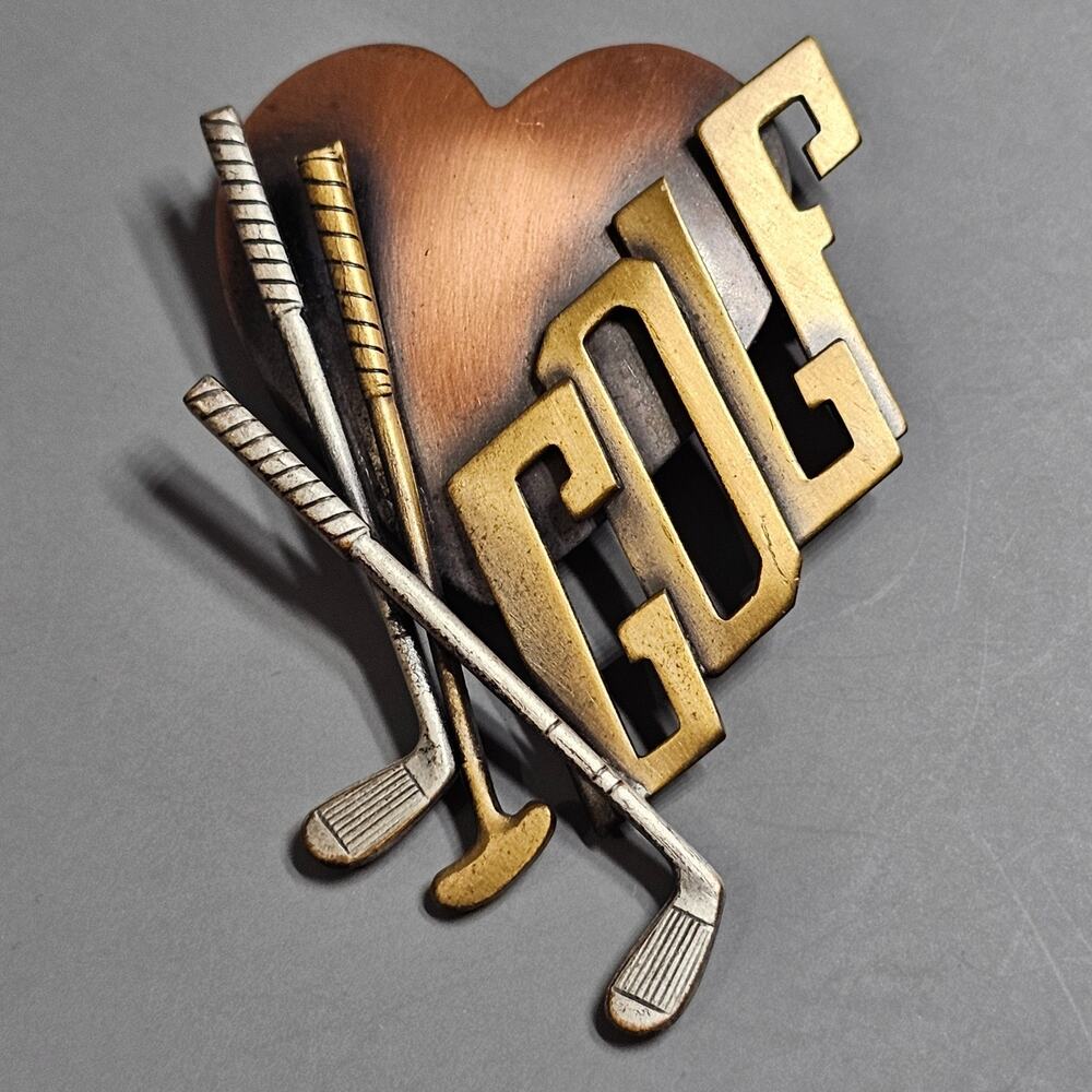 K&T Golf Mixed Metal Brooch Pin Tricolor Golf Clubs Heart Vintage